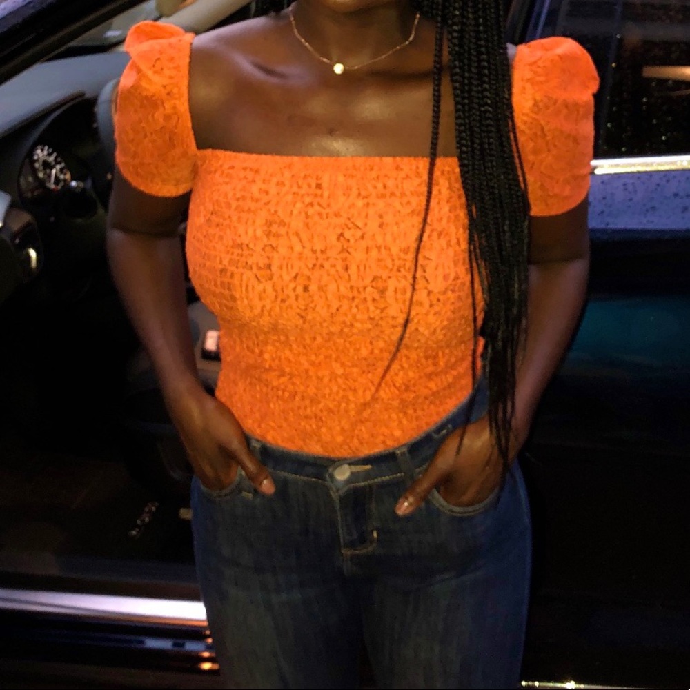 Orange Express Square Neck Puff Sleeve Smock top
